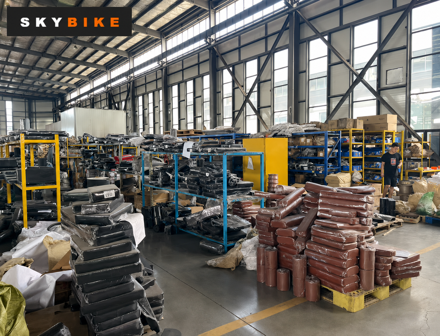 Skybike seat and support materials organized in the production area